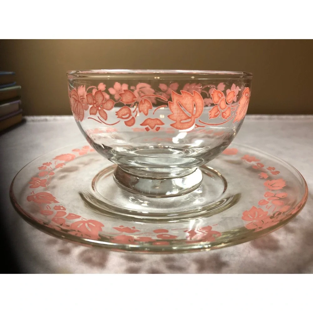 2 ~Vintage Pink Gooseberry Sherbet Bowl & Saucer Sets Coquette Vintage Pyrex